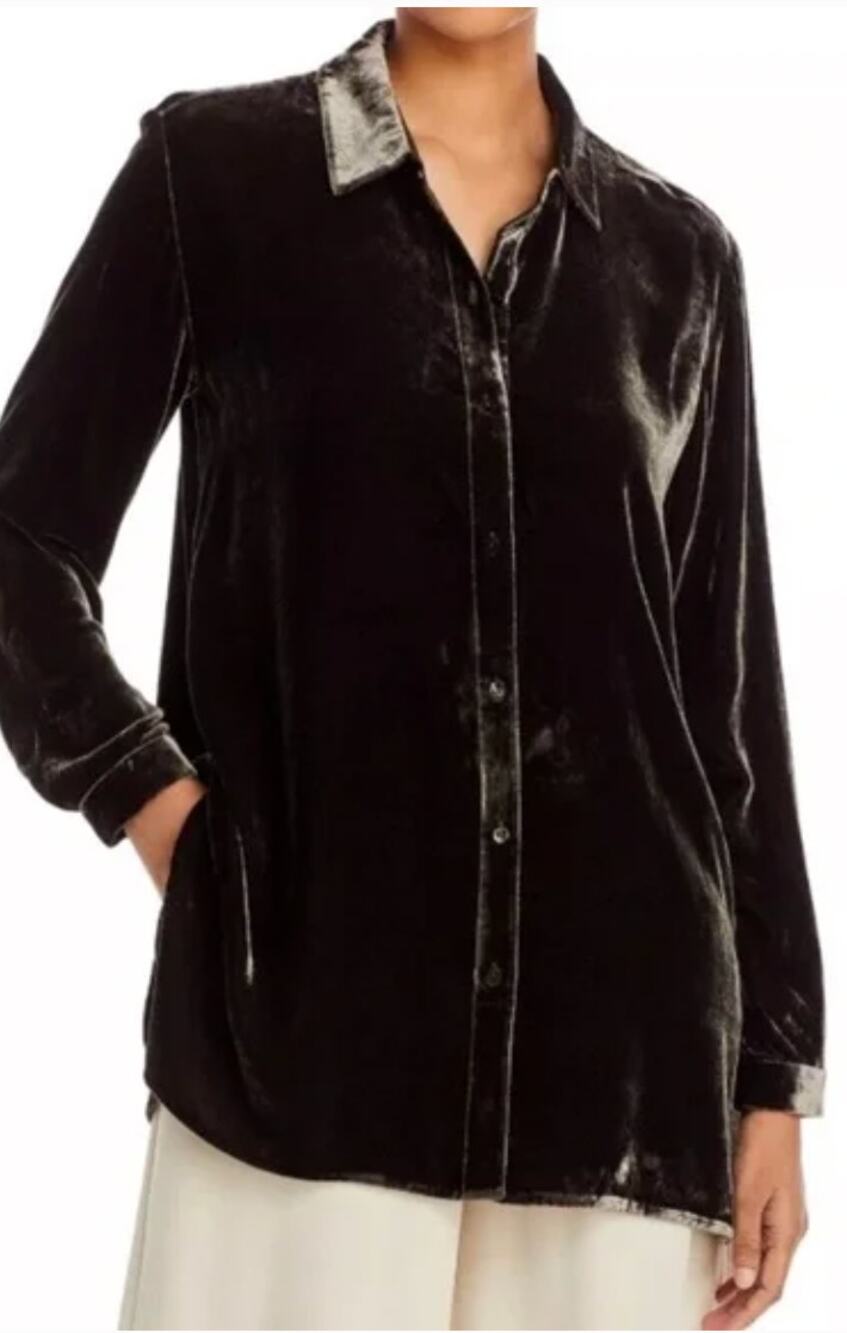 Eileen Fisher Classic Silk Velvet  Brown Green Collared Button Down Top Large